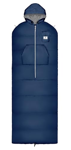 Flourish Thermotuff Wearable Sleeping Bag with Dual Hoodie, Long Sleeves, Pockets & Adjustable Drawstring - Ideal for Camping, Cold Weather Hiking, and Stadium Sak Blanket (Blue)