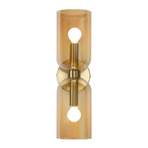 Image of EFINEHOME Minimalist 2-Light Gold Wall Sconces with Cylinder Glass Shades- Mid Century Vanity Wall Double Lights Hardwired- Modern Indoor Glass Wall Mounted Art Decor Lights (Amber, 1 Pack)