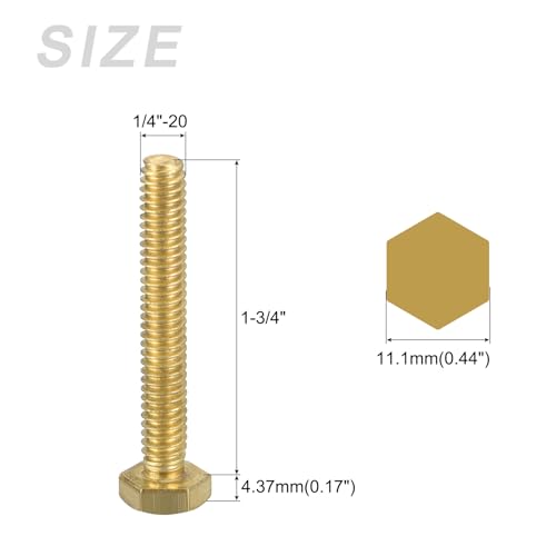 Image of METALLIXITY Hex Head Screw Bolt (1 /4-20x1-3 /4) 5Pcs, Brass Fully Threaded Solid Brass Hex Bolts Machine Screws - for Machinery Repair