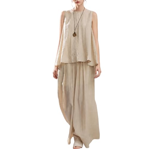 Image of CUZUDIN Womens 2 Piece Cotton Linen Outfits Sleeveless Asymmetric Top and Wide Leg Pants Set Loose Fit Summer Casual Sets(Khaki,XX-Large)