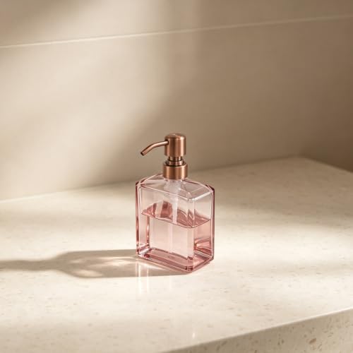 Image of Blush Pink Soap Dispenser Glass Rectangular, Copper Pump, 13.5 oz | Rust Proof Stainless Steel Pump, Refillable, Hand Soap, Liquild Soap, Dish Soap, Bathroom, Kitchen