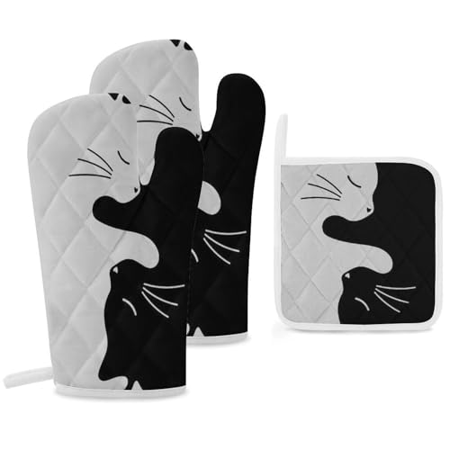 鍋つかみ 3枚セット 白 黒 猫柄 ネコ 耐熱ミトン 断熱パッド キッチン手袋 オーブンミトン 鍋敷き 滑り止め 左右兼用 男女兼用