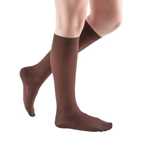 Image of Mediven Comfort Women's 20-30 mmHg Knee High Compression Stockings, Closed Toe, Semi-Transparent, Soft & Breathable Support for Leg Circulation, Work & Travel, V, Standard, Chocolate