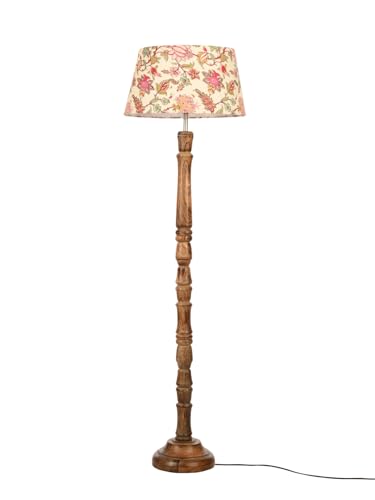 Image of Green Girgit Floral Print Floor Lamp with Taper Red Daisy Shade, Dark Brown Wooden Base, Bedside Night Lamp with, Modern Living Room Light, LED Ambient Lighting, E27 Bulb Compatible, Corded Electric