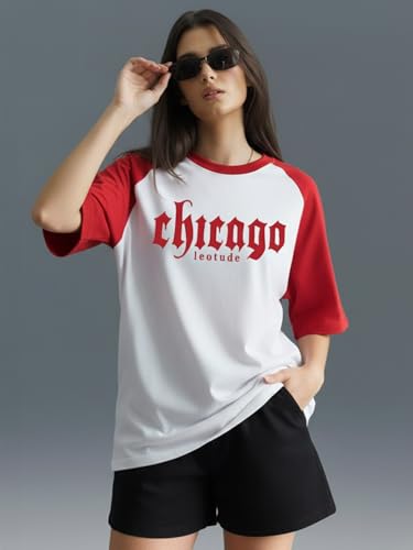 Image of LEOTUDE Half Sleeve Cottonblend Oversized Tshirt for Women, Round Neck Longline Printed Raglan Sleeve Colourblocked Drop Shoulder Baggie T-Shirt Top for Woman (Color Pink)
