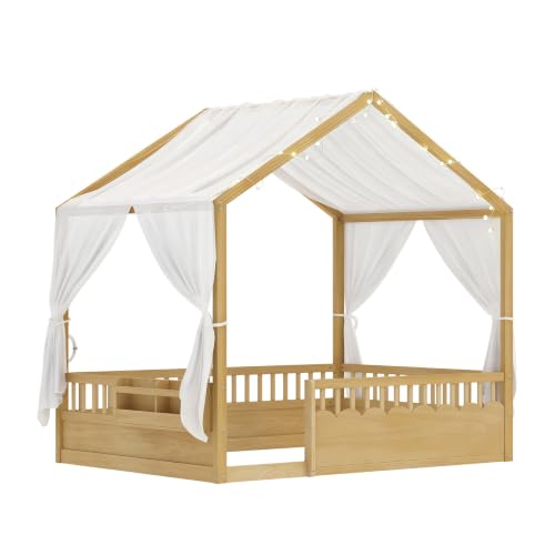 Image of Bellemave Full House BedFrame with Canopy, Montessori House Bed with LED and Bookshelf and Rails for Kids, Natural