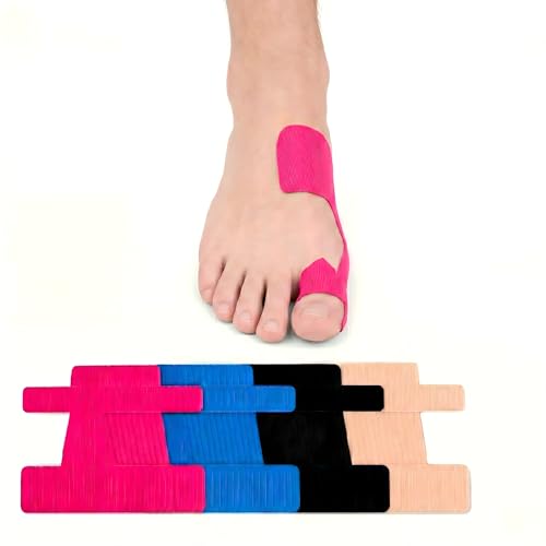 Hallux Valgus Kinesiotape - 30 Stk 4 Farben (Rot Blau Schwarz Haut) Vorgeschnittene Kinesiotape Zehen zur Korrektur & Entlastung - Hautfreundlich & Atmungsaktiv - Pflaster für Damen & Herren Alltag