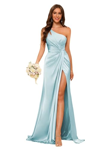 Image of vintys Women's One Shoulder Ruched Bridesmaid Dresses Long with Slit Satin Formal Prom Dress VS117