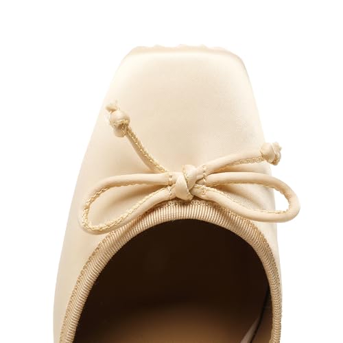 Image of Riekhany Satin Ballet Heels for Women Closed Square Toe Bow Ballerina Heels Lace Up High Heel Slingback Pumps Strappy Stiletto Mary Janes Elegant Party Shoes