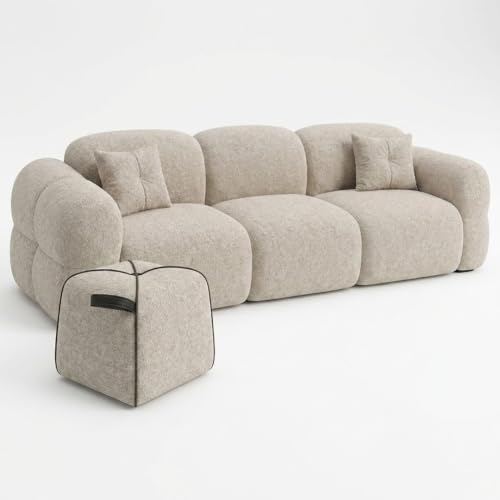 Image of FURNY Luxury Nimbus 4 Seater + Suri Pouf Sofa Set for Living Room | Boucle Weave Fabric Upholstered | Modern Cushioned Comfortable Couch for Home Office & Drawing Room | Sandstone Beige