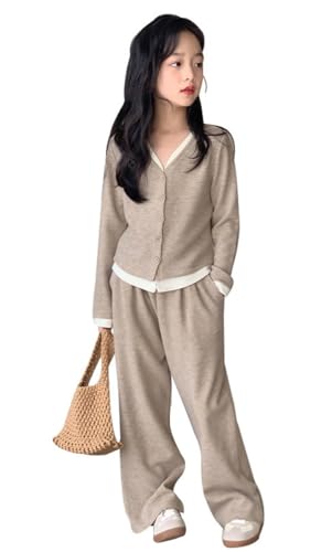 [ZHENGTU] CAIXINGYI 女の子 2点セット パンツセット カーディガン ロングパンツ ガールズ 春 秋 長袖 Vネック 薄手 軽量 シンプル きれいめ ファション カジュアル 普段着 お出かけ 旅行 遊び着 重ね着風 110-165cm