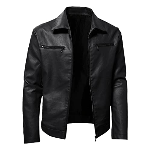 UIOKLMJH Men's Plus Size Lapel Zipper Leather Jacket Vintage Red Black Motorcycle Windbreaker Leather Jacket