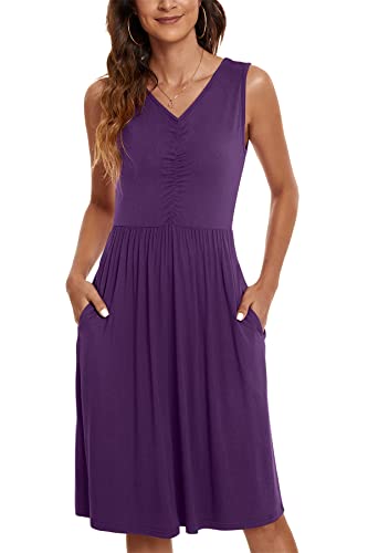 NILOUFO Womans Casual Summer Dresses Sleeveless Empire Waist Ladies Dress with Pockets (B:Purple, Small)