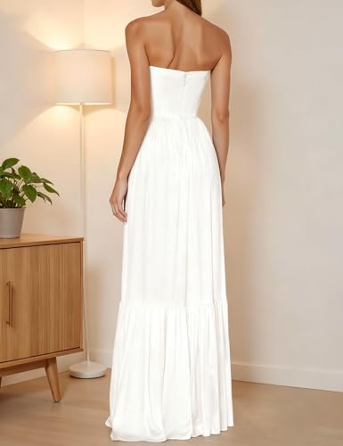 Image of Women's Strapless Tube Maxi Dress Ruched High Waist Side Slit Beach Party Cocktail Long Dress