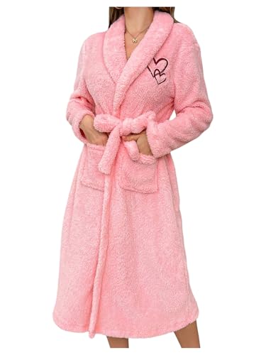SOLY HUX Women's Bathrobes Long Sleeve Belted Fleece Belted Midi Robe Pajamas Sleepwear with Pockets Pink Heart X-Large
