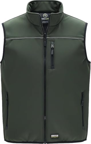 WORKTEAM Chaleco Softshell Cortavientos y Repelente al Agua, Interior Térmico con Membrana Transpirable, Bolsillos con Cremallera. Unisex Verde Caza L