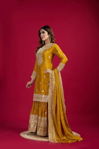 Image of Women's Heavy Embroiderd Work Purple Color Weding Wear Straight Kurta Sharara Set for Women with Dupatta