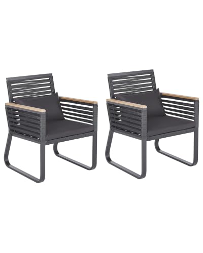 Beliani Komfortables 2er Set Gartenstühle Aluminium/Flachseil schwarz - Inklusive Polsterkissen - Stilvoll und Wetterbeständig - CANETTO