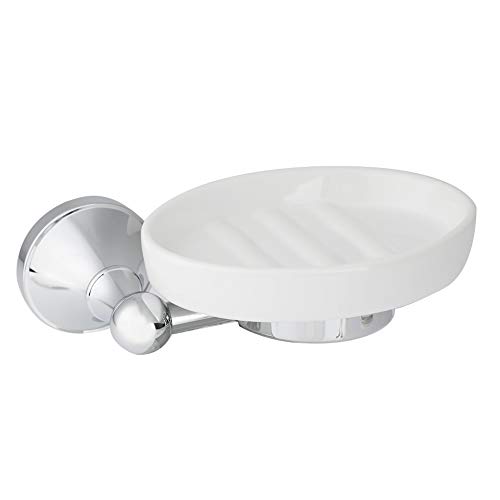 Wall Mounted Soap Dispenser with Dish Holder, Chrome Plated, Brass and Stainless Steel, Modern Round Design, 16.5cm Length - Image 2