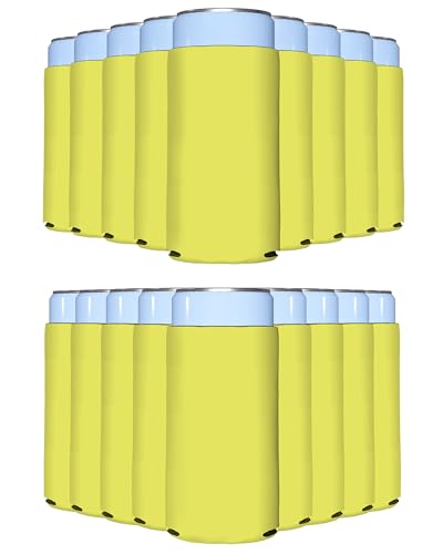 Image of PartyPrints 200 Pack Yellow Blank Slim Can Cooler Sleeves | Plain Seltzer Customizable Bulk Coolers for Beer Bottles & 12oz Tall Cans | Skinny Collapsible Drink Insulated Sleeve