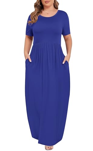 Image of KARALIN Women Plus Size Maxi Dress Short Sleeve Round Neck Loose Fit A-Line | Plus Size Long Dress,Summer Casual Maxi Dresses,Short Sleeve,Side Pockets,Round Neck,Elastic Waist,14 Plus - 26 Plus