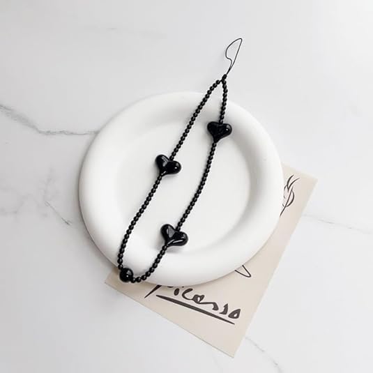 Caiyao Heart Beaded Phone Charm Y2K Wrist Strap Handmade Wristlet Keychain Anti-Lost Phone Lanyard-black