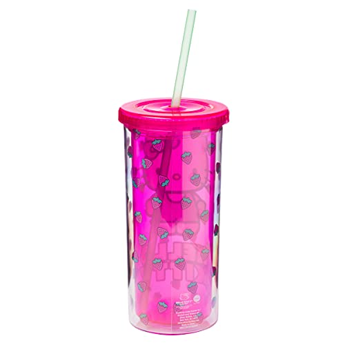 Image of Silver Buffalo Sanrio Hello Kitty Strawberry Pattern Plastic Cold Cup with Lid and Straw, 20 Ounces (Pack of 12)