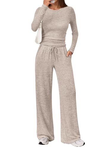 LILLUSORY Womens 2 Piece Matching Lounge Sets 2025 Fall Fashion Knit Sweater Airport Travel Vacation Outfits Gym Sweatsuits Khaki L