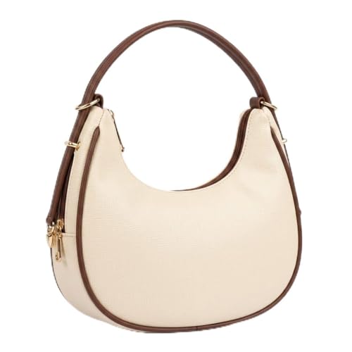Image of Crescent Hobo Handbag for Women, Cream with Brown Trim, Adjustable Strap, Reinforced Base, 24x30x6cm