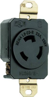 Legrand Pass & Seymour L620RCCV3 Turnlok Industrial Spec Grade Locking Receptacle, 20 Amp 250V, NEMA L6-20R, Black (1 Count)