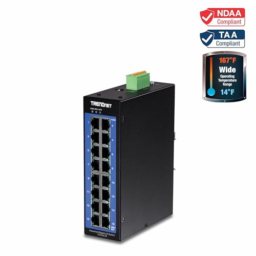 Image of TRENDnet 16-Port Industrial Gigabit L2 Managed DIN Rail Switch, 16 x Gigabit Ports, Wide Temperature Layer 2 Switch, 32 Gbps Switching Capacity,Lifetime Protection, Black, TI-G160i-M