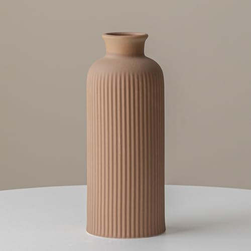 Vase en céramique, avec surface rainurée, pour décoration d'herbe de la pampa, marron, 25,4 cm de hauteur, 10 cm de large, moderne, pour salon, table à...
