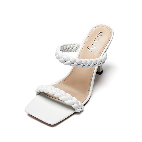 Vivianly Women Sexy Woven Stiletto Heel Double Braided Strap Sandals Open Toe Slip On Mules Slippers thumb #5