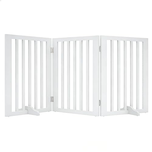 GREENSAPPIRE Wooden Stair Gate for Dogs Freestanding Foldable Dog Gate Indoor with 2 Support Feet 3 Panel Pet Gate & Dog Guard for Stairs Doorways and Hallways (140 W x 60.5 H (White)