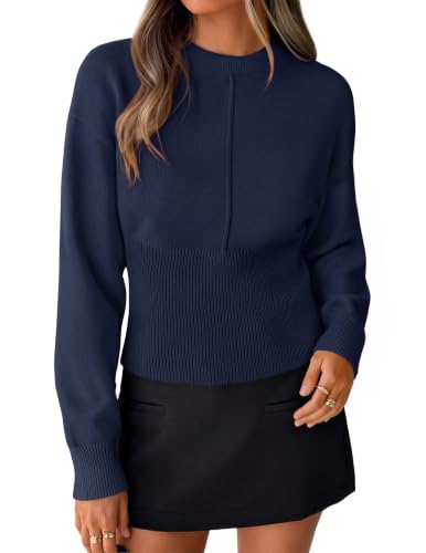 Image of ZESICA Women's Fall Sweaters Crewneck Cinched Waist Pullover Tops