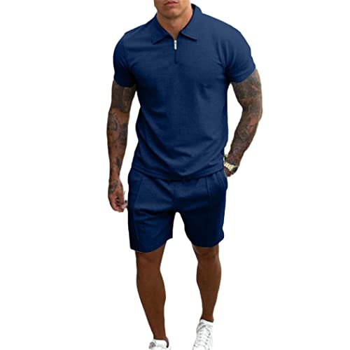 Survêtement d'été bleu pour homme avec polo respirant et short de fitness décontracté