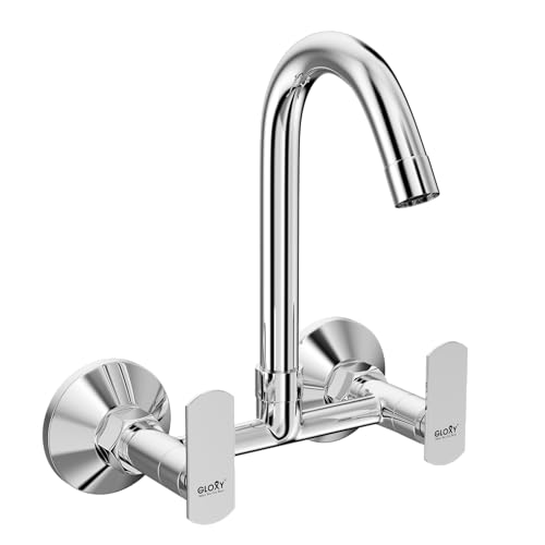 Image of Gloxy Premium Brass 2 in 1 Water Faucet with 360 Swivel Spout - Chrome Finished Wall Mount Hot & Cold Heavey Water Mixer Faucet with Riva Levers for Bathroom & Kitchen - 10 Years Warrenty