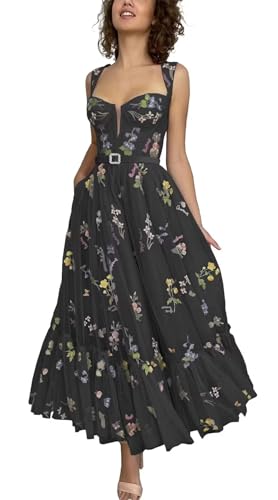 Xijun Women's Flower Embroidery Tulle Prom Dresses Corset Ruched Tea Length Floral Formal Evening Party Gowns