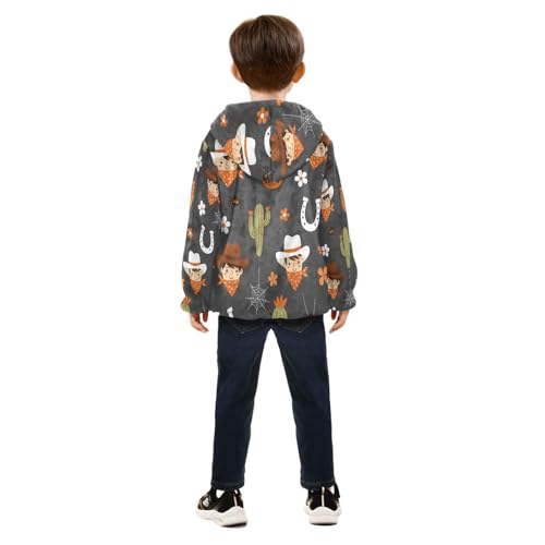 Cowboy Theme Pattern Prints Toddler Fleece Jacket Girl Boys Hooded Fleece Jacket Coat Warm Outwear Zip-up 3-10T4