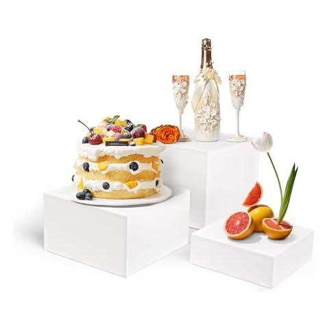 HPC DECOR Buffet Risers,Food Risers for Buffet Table,Risers Display Stands for Catering Dessert Collectibles Jewelry Figures Show, 3PCS Cube Display Nesting Risers with Hollow Bottoms (White 8"9"10") Cover