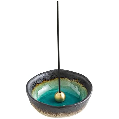 Asayu Japanese Small Mini Incense Holder for Sticks 8.3cm (3.3 inch), Made in Japan Ceramic Ash Catcher & Brass Incense Burner Set for Relaxation, Home Decor - Nature Aquamarine Cover