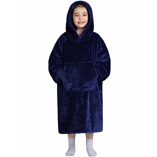 Image of Waitu Wearable Blanket for Kids, Wearable Blanket Hoodie for Teens Girls Boys, Warm Blanket Sweatshirt Gift for Teenage, Hoodie Blanket with Sleeves - Navy