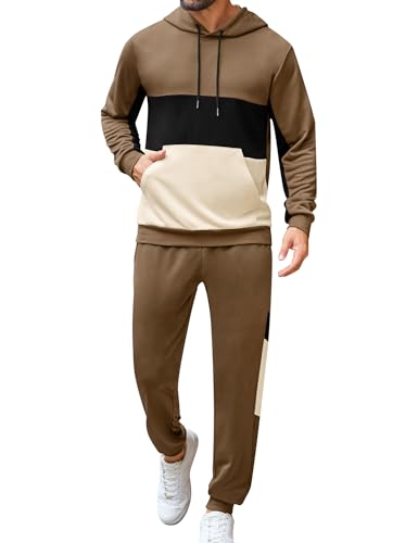 LecGee Men 2 Piece Athletic Sets Long Sleeve Hoodie Sweatpants Fashion Outfits Casual Set Tracksuit Sweatsuit(BR,L)