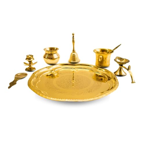 Vedic Charya Brass Puja Thali Set 11 Inch Flower Shape – Golden Traditional Plate Worship, Decorative Indian Religious Festivals Thali