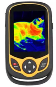 Front view of the VIHELM HT-A1 thermal imager displaying a thermal image of a cat.