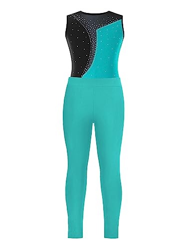 Kids Girls Sleeveless Color Patchwork Dance Outfits Gymnastic Tracksuit Mesh Splice Tank Leotard with Yoga Leggings3