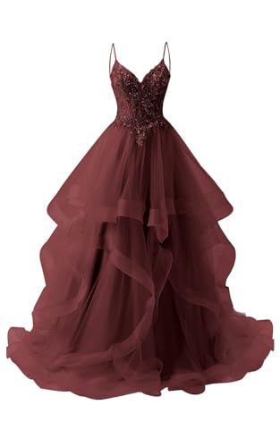 Women's Lace Appliques Tulle Prom Dresses Princess Ball Gowns V Neck Puffy Evening Gowns3