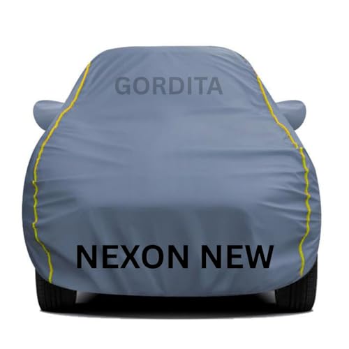 Image of Waterproof Car Body Cover for Nexon New All Weather Protection Comes with Inner Cotton Lining & Triple Stitched with Mirror & Antenna Pocket Belt & Elastic Fit Grey with Yellow Piping2