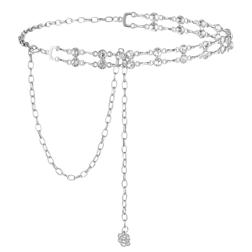 Silver Rhinestone Chain Belt for Women Crystal Bling Dress Belt Adjustable Sparkle Thin Waist Belts for Wedding Party Evening Dress