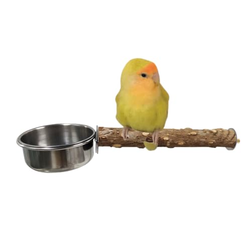Natural Wood Bird Perch with Bird Feeding Cups Bird Stainless Steel Food Water Bowls Dish Feeder for Cockatiel Conure Budgies Parakeet Parrot Bird Platform Stand